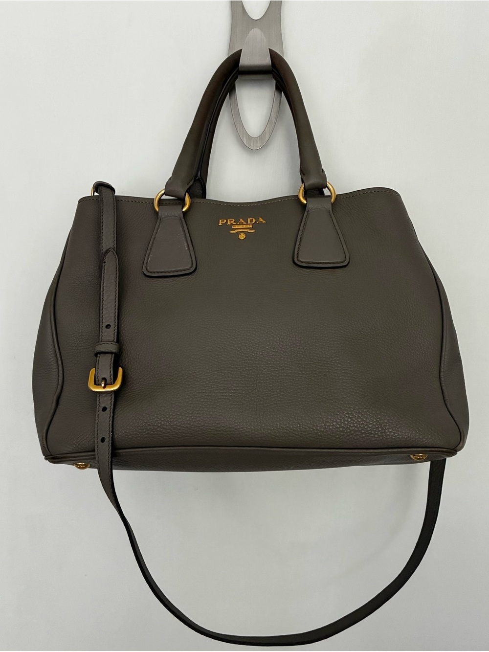 Prada Taupe Vitello Daino Pebbled Leather Satchel with Gold Hardware